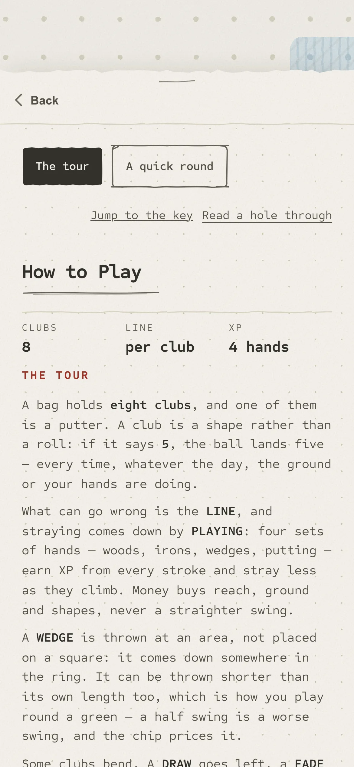 The How to Play page, explaining the eight clubs and how a stroke works