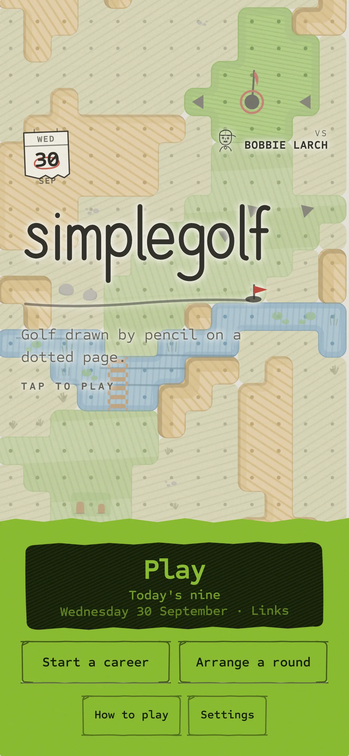 simplegolf title screen: a hand-shaded golf course on dotted paper with a large green Play button
