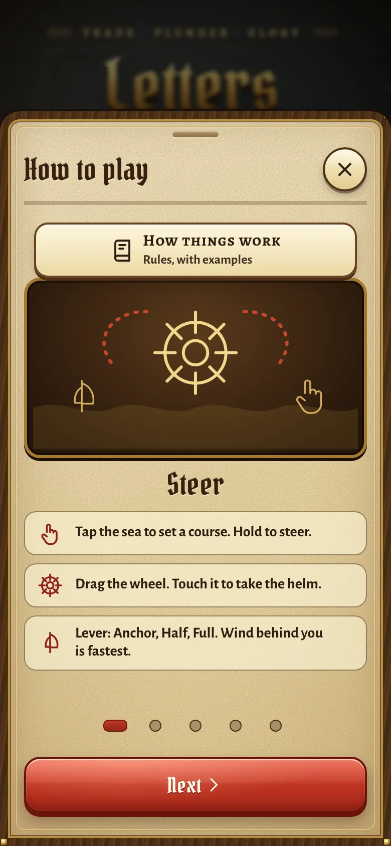 The How to Play page, covering steering, firing, trading, ships and setting a course