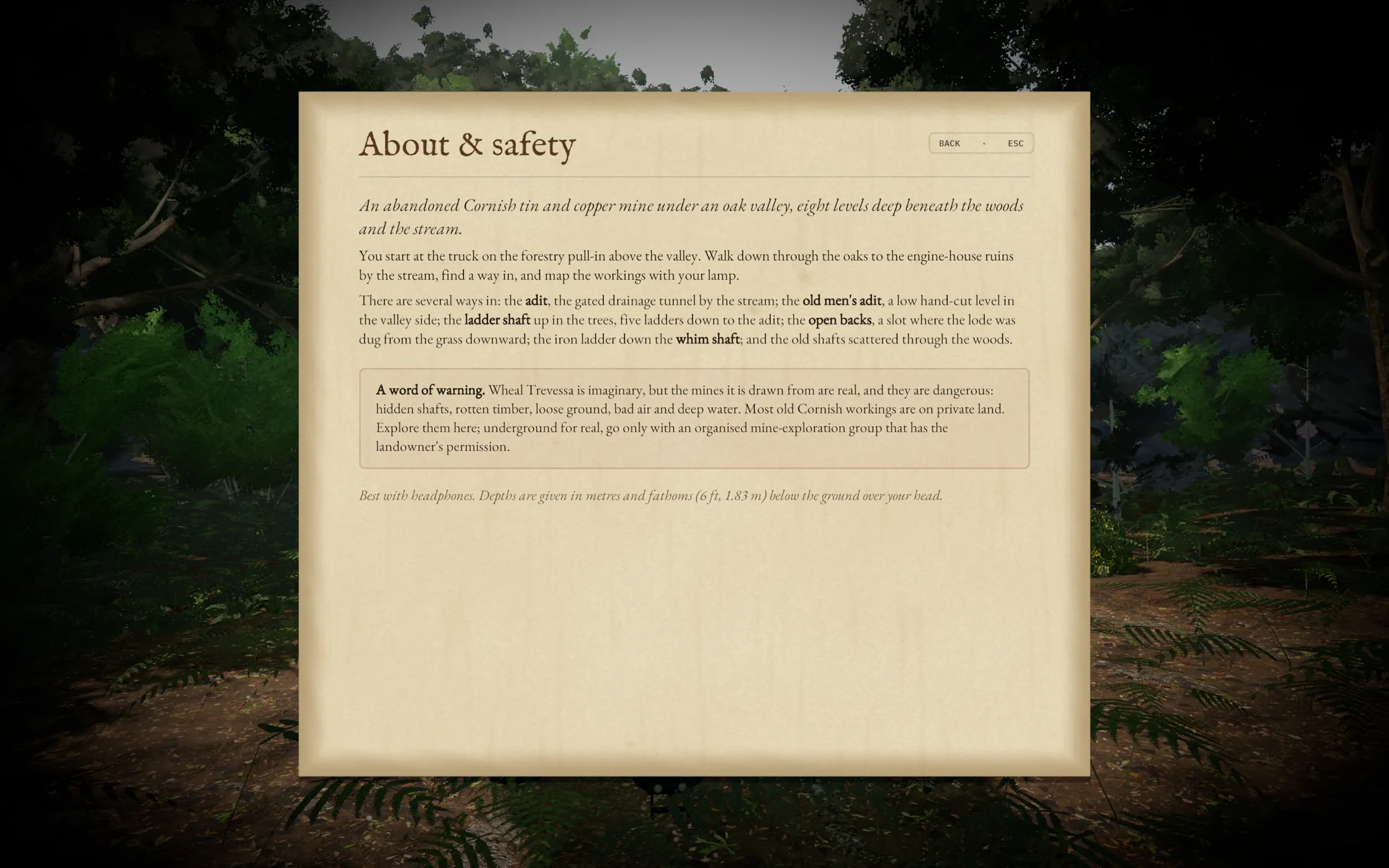 The game's About and safety page, including its warning about real mines