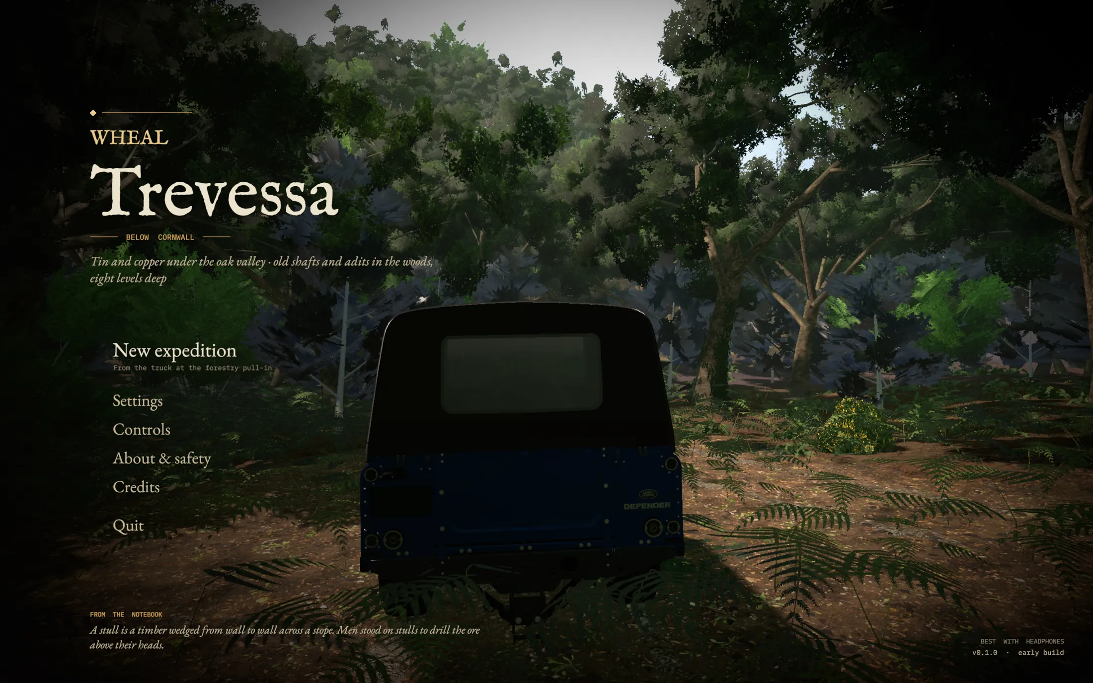 Wheal Trevessa title screen: a truck parked in an oak woodland, with the menu on the left
